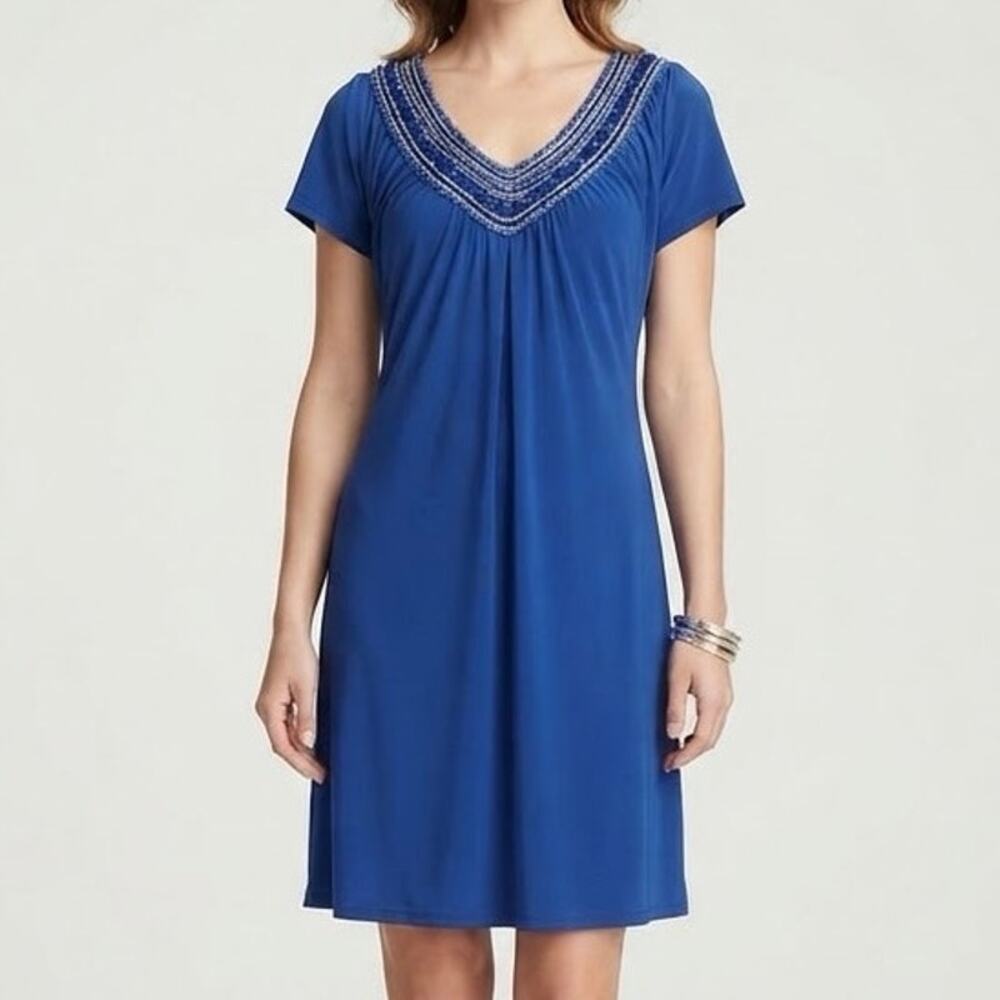 Boston Proper Royal Blue Beaded V-Neck Short Sleeve Shift Dress Cocktail Size 12